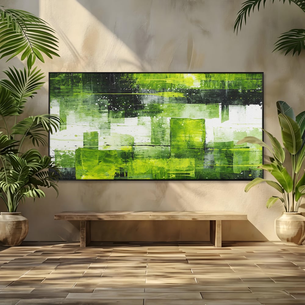 Tablou canvas cu pictura abstracta cu straturi verzi, in rama de aluminiu negru